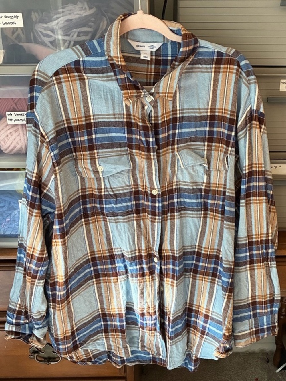 Old Navy Plaid Button Down Blue & Brown XXL